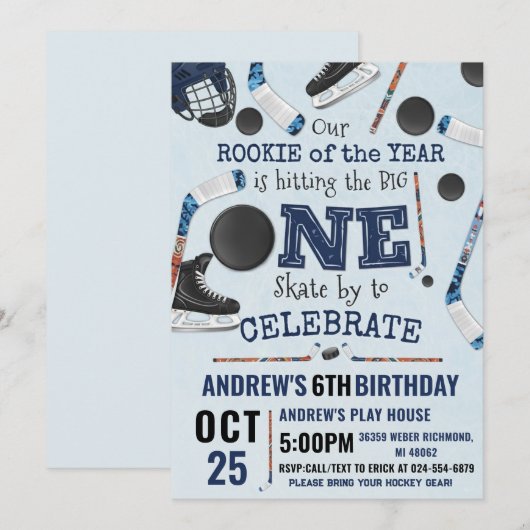 Personalize Digital Hockey 1st Birthday Party 招待状 (正面/裏面)