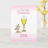 Personalize Girl Name Pink First Holy Communion, C カード (黄色い花)