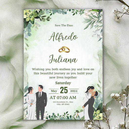Personalize green leafy best wedding Invitation 招待状