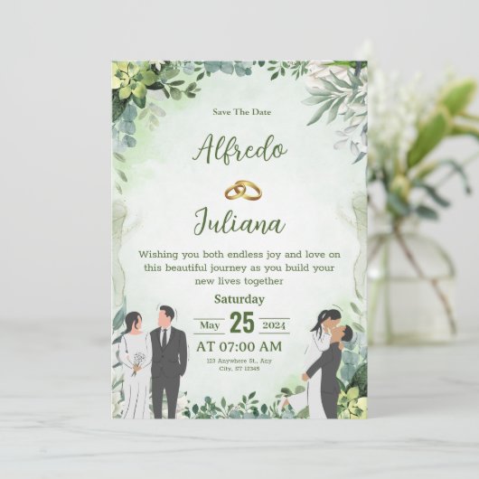 Personalize green leafy best wedding Invitation 招待状 (スタンド正面)