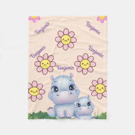 Personalize Hippo Baby Blanket Design With Flower  フリースブランケット