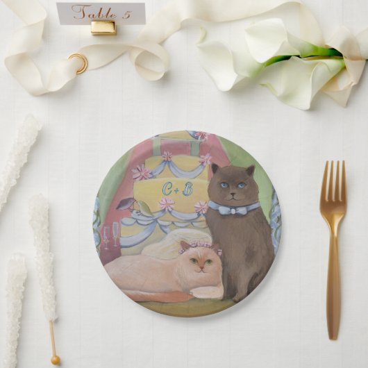 Personalize Initials Wedding Cats ペーパープレート (ウェディング)
