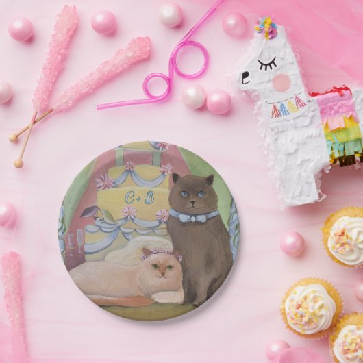Personalize Initials Wedding Cats ペーパープレート (パーティー)