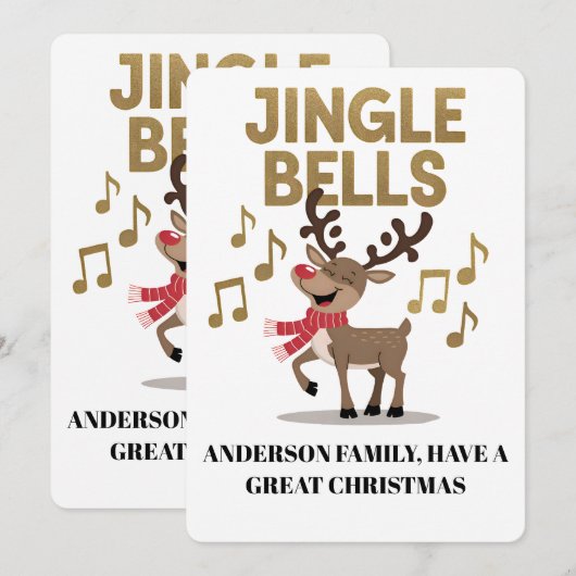 Personalize Jingle Bells Singing Reindeer シーズンカード (正面/裏面)