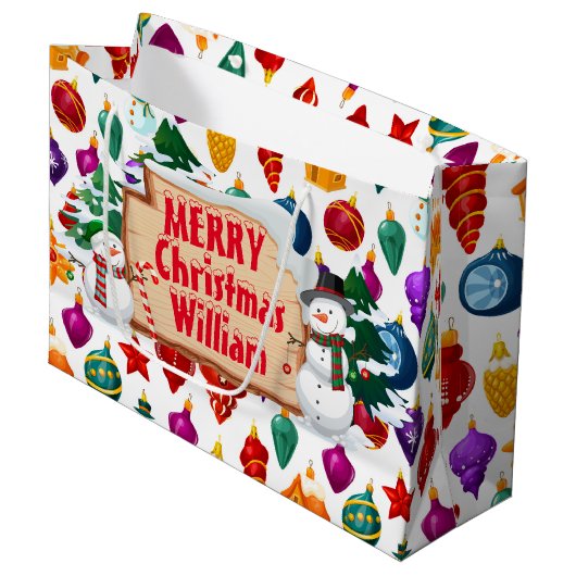 Personalize Merry Christmas Snowmen Large Gift Bag ラージペーパーバッグ (正面アングル)