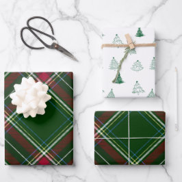Personalize Modern Plaid and Trees Christmas ラッピングペーパーシート