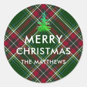 Personalize Modern Plaid Christmas Tree Name  ラウンドシール (正面)