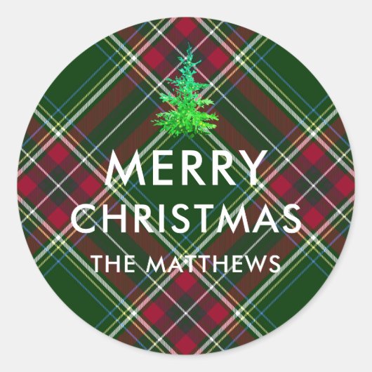 Personalize Modern Plaid Christmas Tree Name  ラウンドシール (正面)