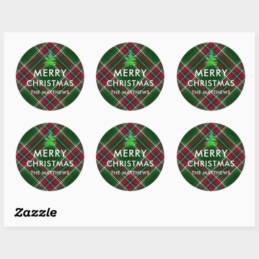 Personalize Modern Plaid Christmas Tree Name  ラウンドシール (シート)