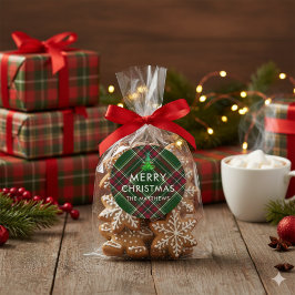 Personalize Modern Plaid Christmas Tree Name ラウンドシール