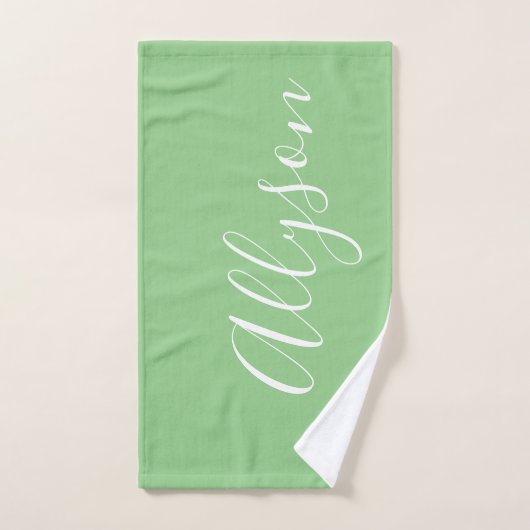Personalize Name White Script Vertical, Sage ハンドタオル (ハンドタオル)