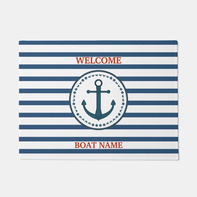 Personalize Nautical Blue Welcome Boat Name Stripe ドアマット (正面)
