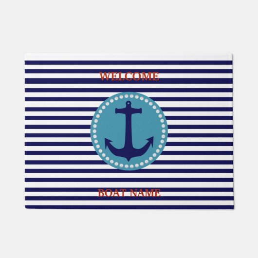 Personalize Nautical Blue Welcome Boat Name Stripe ドアマット (正面)