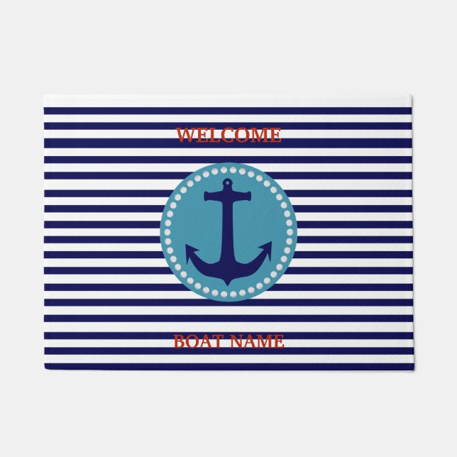 Personalize Nautical Blue Welcome Boat Name Stripe ドアマット (正面)