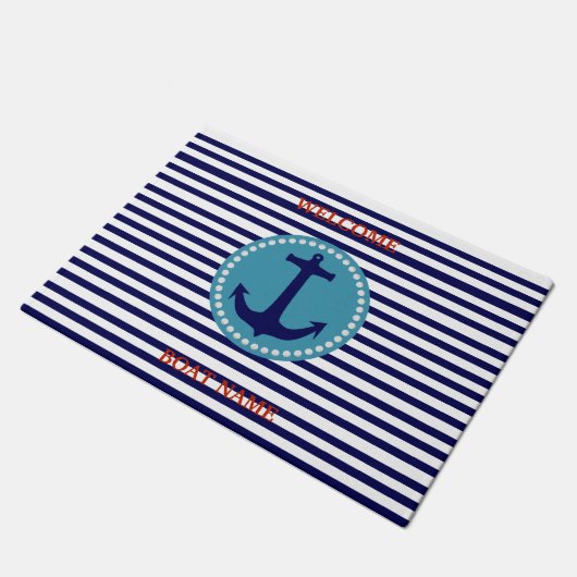 Personalize Nautical Blue Welcome Boat Name Stripe ドアマット (アングル)