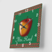 Personalize Pattern Apple Art Name先生クラス スクエア壁時計 (傾斜)