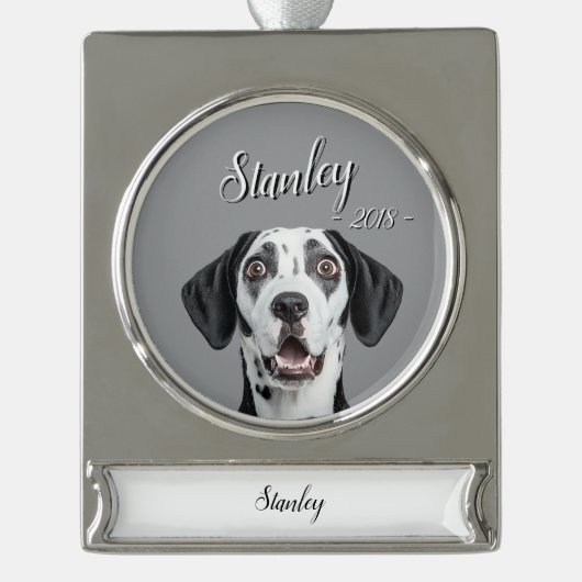 personalize pet name & picture シルバープレートバナーオーナメント (正面)