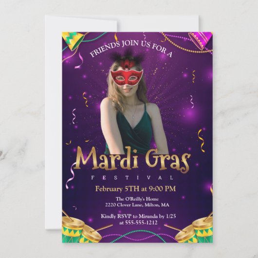 Personalize Photo Red Masquerade Masks Mardi Gras 招待状 (正面)