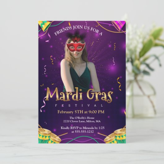 Personalize Photo Red Masquerade Masks Mardi Gras 招待状 (スタンド正面)