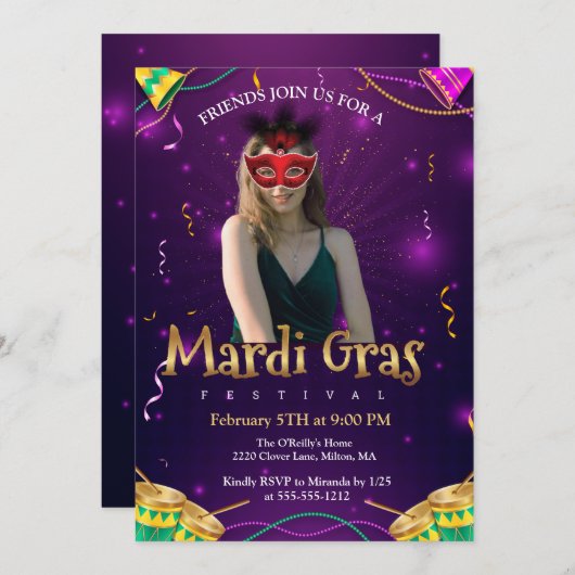 Personalize Photo Red Masquerade Masks Mardi Gras 招待状 (正面/裏面)