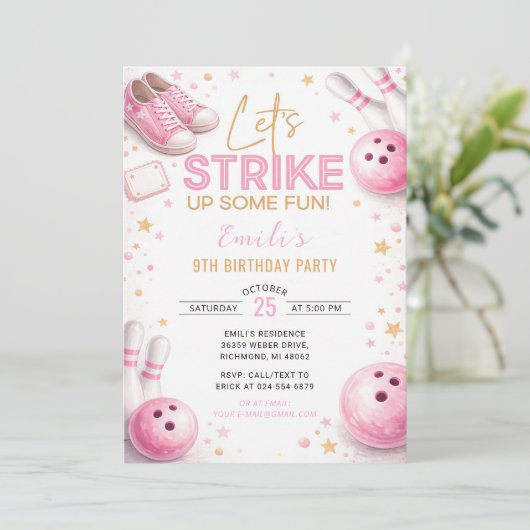 Personalize Pink Bowling Birthday 招待状 (スタンド正面)