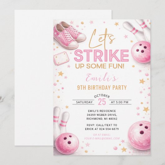 Personalize Pink Bowling Birthday 招待状 (正面/裏面)