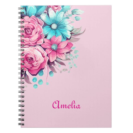 Personalize Pretty Pink & Teal Watercolor Florals  ノートブック (正面)