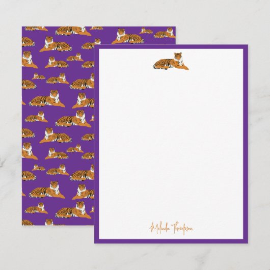 Personalize Purple Orange Jungle Tiger Script ノートカード (正面/裏面)