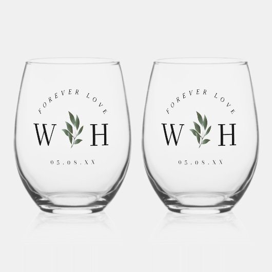 Personalize Rustic Floral Stem Wedding Monogram  ステムなしワイングラス (正面)