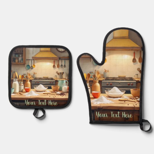 Personalize Set of 2 Kitchen Oven Mitt Potholder 鍋つかみ&鍋敷きセット (正面)