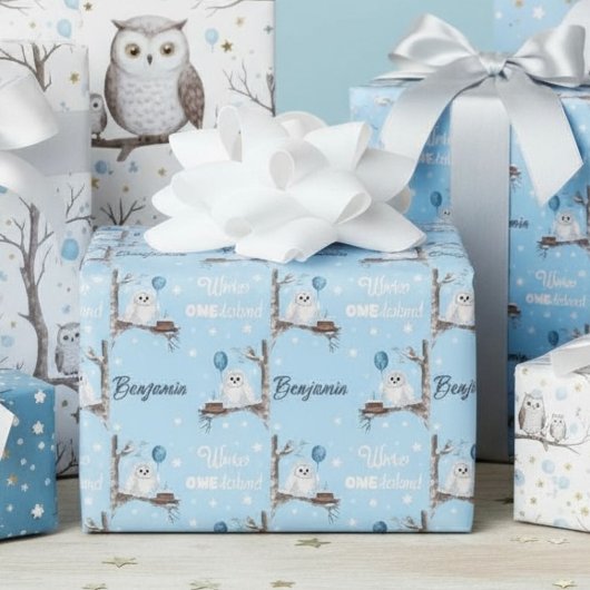 Personalize Snowy Owl Winter Onederland Birthday ラッピングペーパー