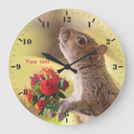 Personalize Squirrel with roses for You ラージ壁時計