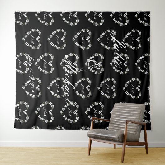 Personalize Wedding Backdrop Black and White Heart タペストリー (インサイチュ(横))
