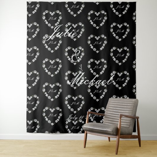 Personalize Wedding Backdrop Black and White Heart タペストリー (インサイチュ)