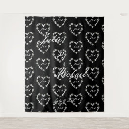 Personalize Wedding Backdrop Black and White Heart タペストリー