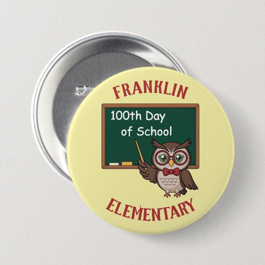 Personalized 100th Day of School Owl & Chalkboard 缶バッジ (正面&裏面)