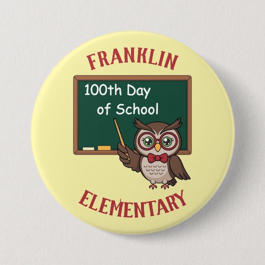 Personalized 100th Day of School Owl & Chalkboard 缶バッジ (正面)