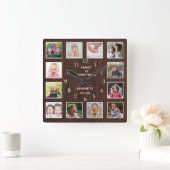 Personalized 12 Photo Collage Dark Brown Wood スクエア壁時計 (ホーム)