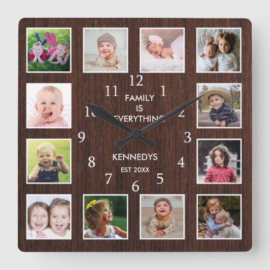 Personalized 12 Photo Collage Dark Brown Wood スクエア壁時計 (正面)