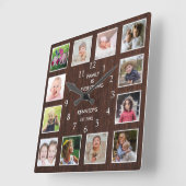 Personalized 12 Photo Collage Dark Brown Wood スクエア壁時計 (傾斜)