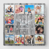 Personalized 12 Photo Collage Rustic Gray Wood スクエア壁時計 (正面)