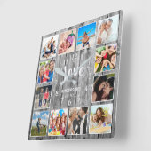 Personalized 12 Photo Collage Rustic Gray Wood スクエア壁時計 (傾斜)
