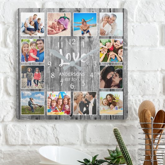 Personalized 12 Photo Collage Rustic Gray Wood スクエア壁時計