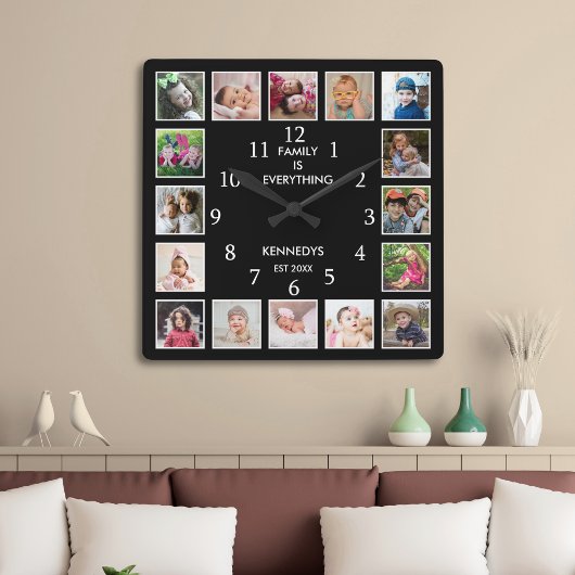 Personalized 16 Photo Collage Family Quote Black スクエア壁時計
