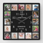 Personalized 16 Photo Collage Family Quote Black スクエア壁時計 (正面)
