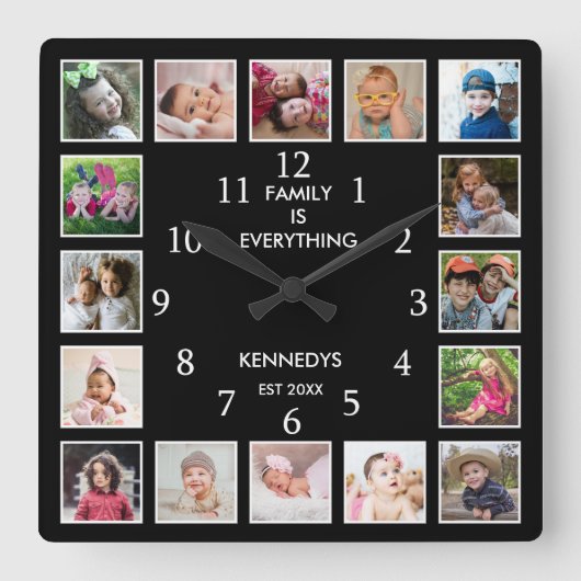 Personalized 16 Photo Collage Family Quote Black スクエア壁時計 (正面)