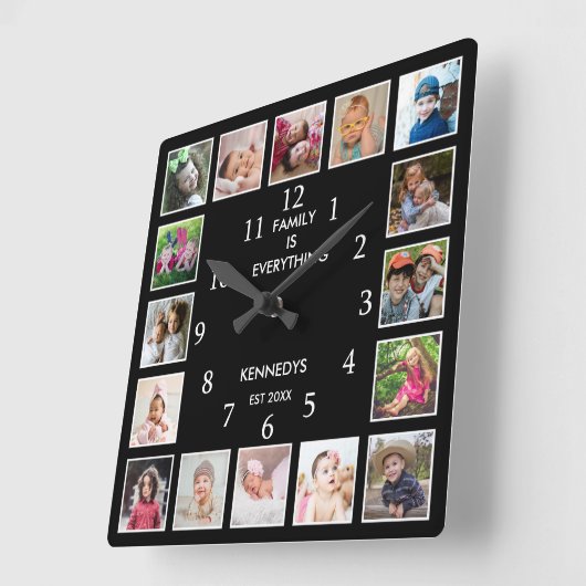 Personalized 16 Photo Collage Family Quote Black スクエア壁時計 (傾斜)