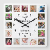 Personalized 16 Photo Collage Family Quote White スクエア壁時計 (正面)