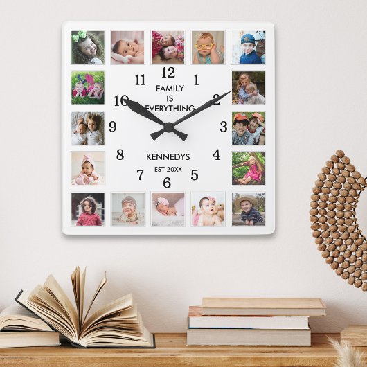 Personalized 16 Photo Collage Family Quote White スクエア壁時計
