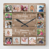 Personalized 16 Photo Collage Quote Rustic Wood スクエア壁時計 (正面)